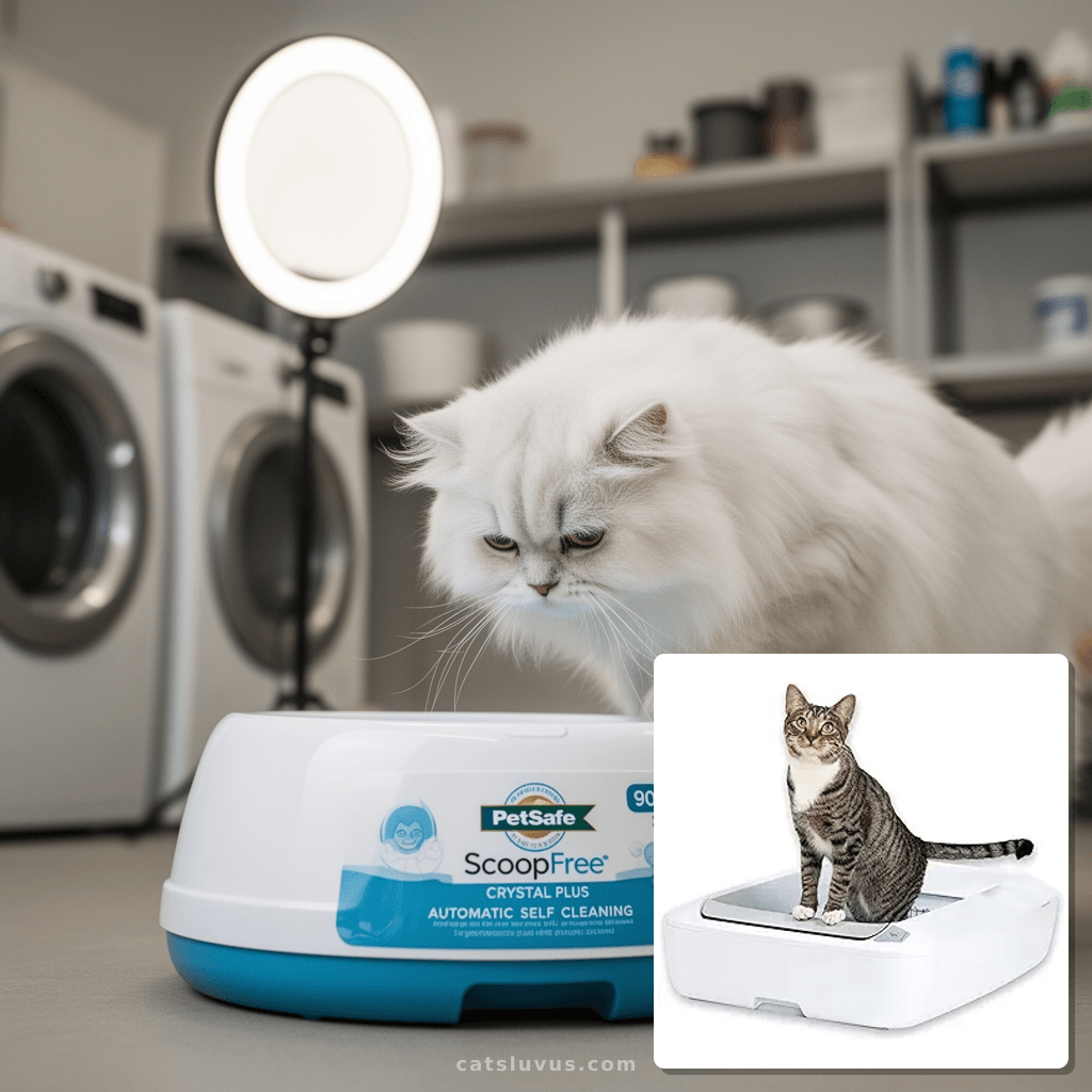 PetSafe ScoopFree Crystal Plus Automatic Self-Cleaning Cat with cat - professional product lifestyle photo