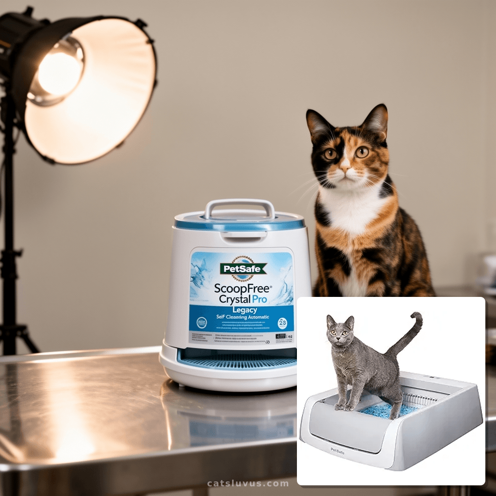 PetSafe ScoopFree Crystal Pro Legacy Self-Cleaning Automatic with cat - professional product lifestyle photo