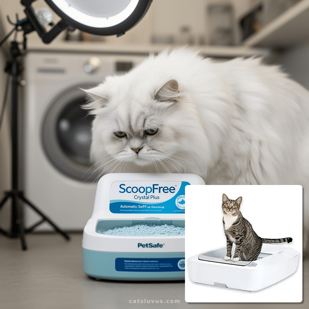PetSafe ScoopFree Crystal Plus Automatic Self-Cleaning Cat with cat - professional product lifestyle photo