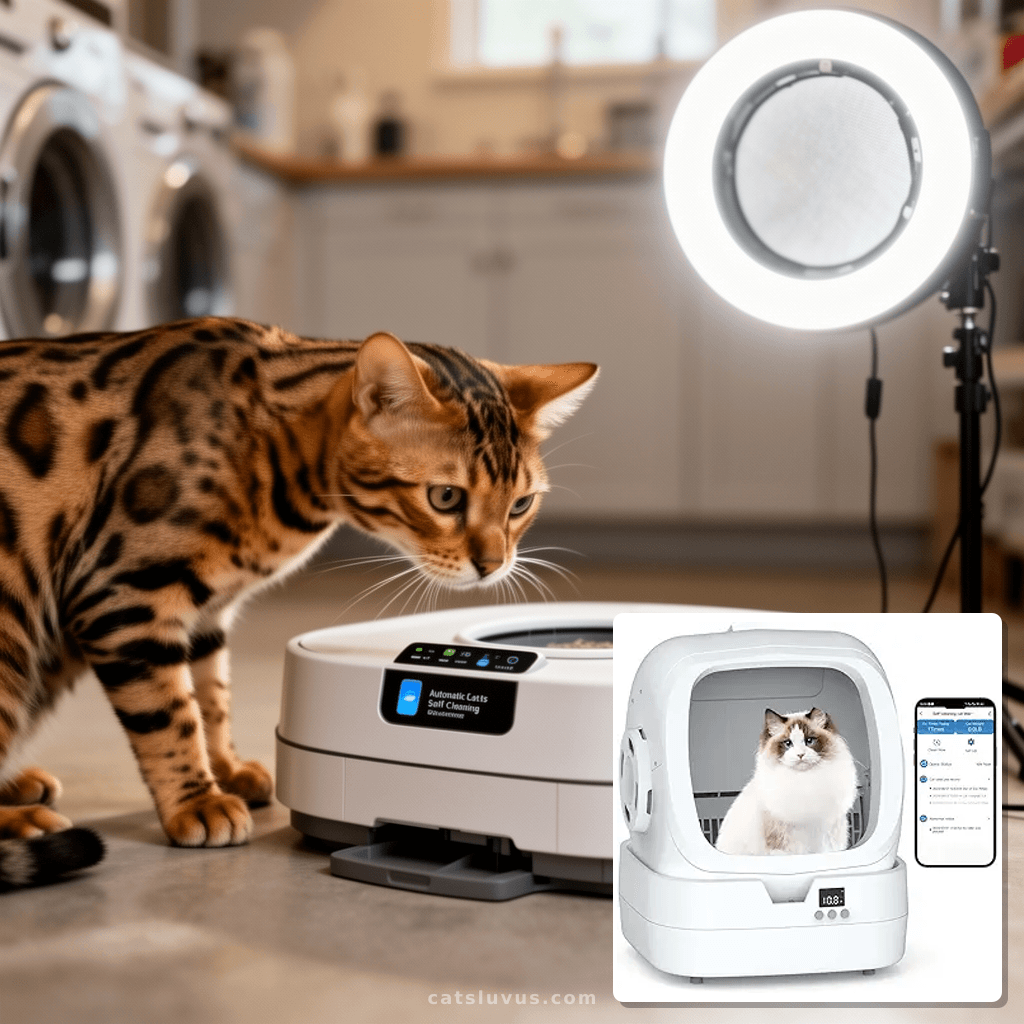 Automatic Cat Litter Box Self Cleaning - APP Control and with cat - professional product lifestyle photo