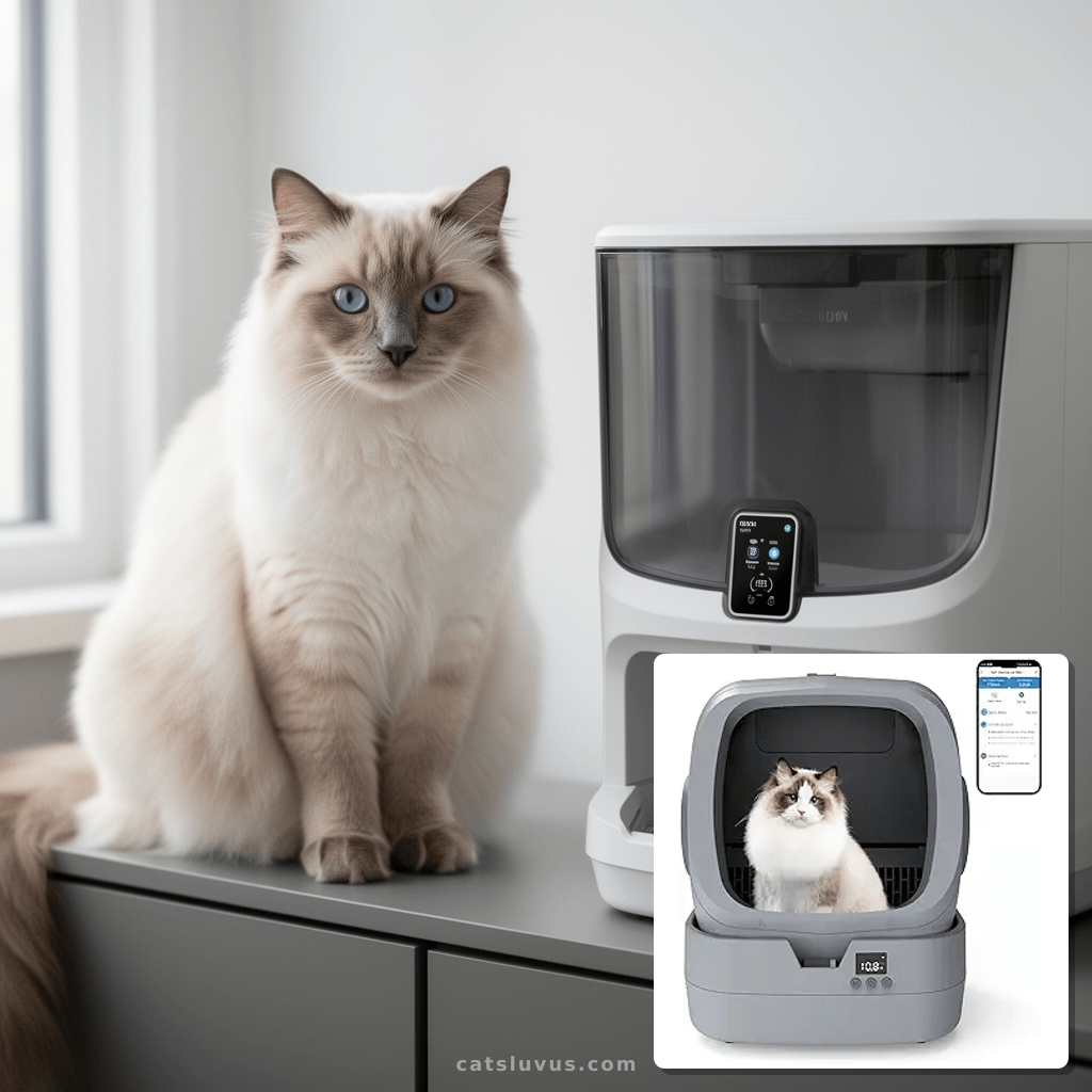 Automatic Cat Litter Box Self Cleaning - APP Control - with cat - professional product lifestyle photo