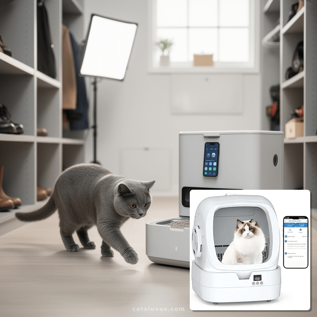 Automatic Cat Litter Box Self Cleaning - APP Control and with cat - professional product lifestyle photo