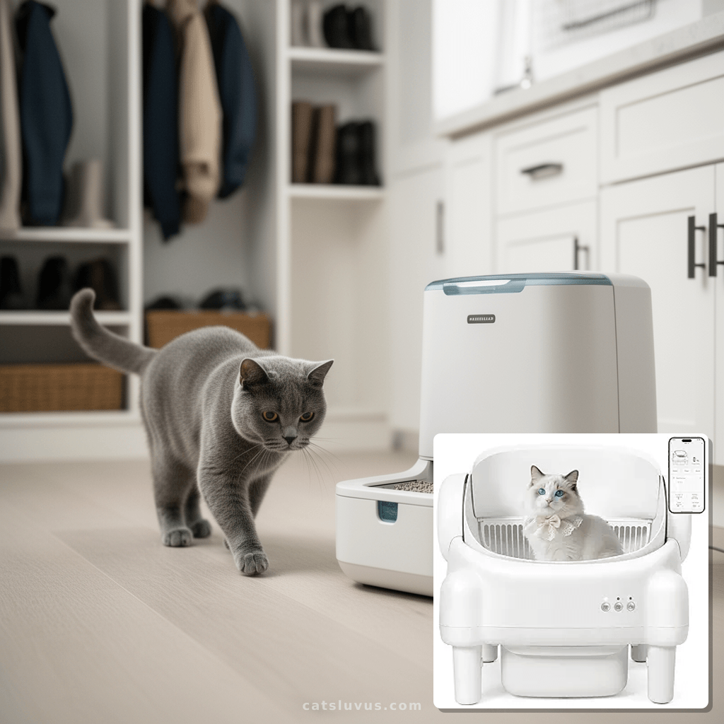 Self Cleaning Litter Box with cat - professional product lifestyle photo