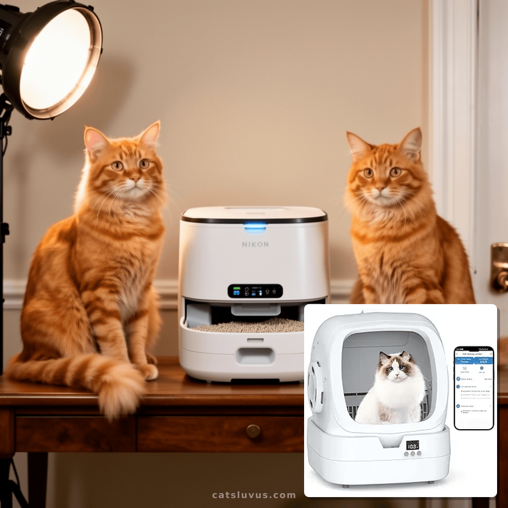 Automatic Cat Litter Box Self Cleaning - APP Control and with cat - professional product lifestyle photo