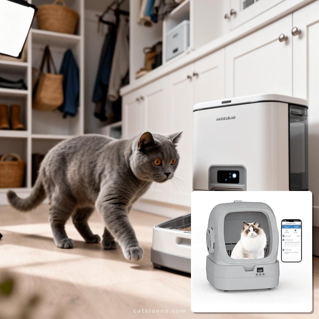 Automatic Cat Litter Box Self Cleaning - APP Control and with cat - professional product lifestyle photo