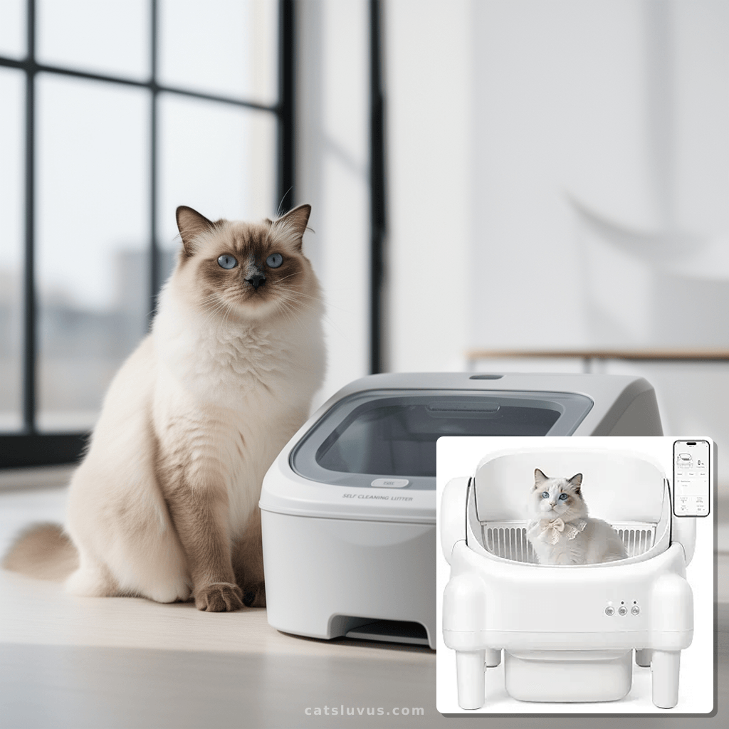 Self Cleaning Litter Box with cat - professional product lifestyle photo