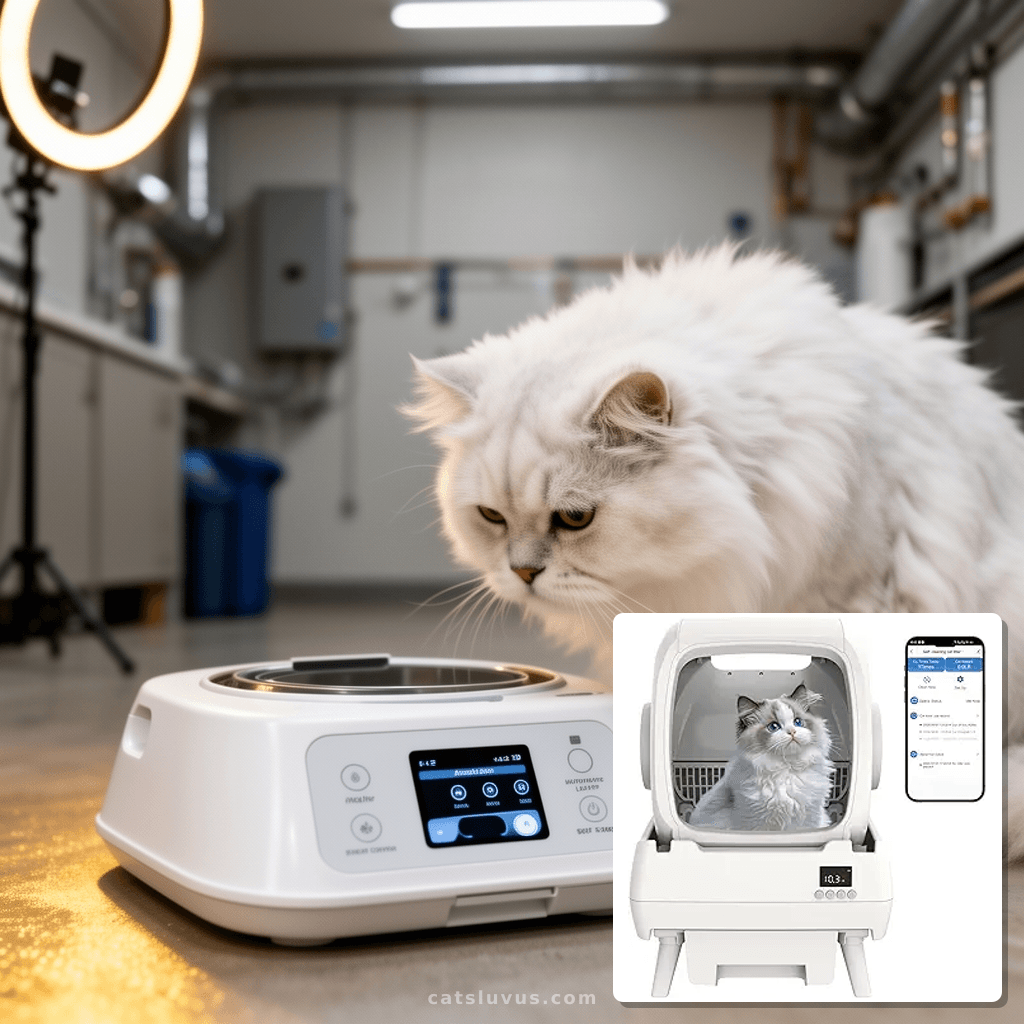 Automatic Cat Litter Box Self Cleaning - App Control with cat - professional product lifestyle photo