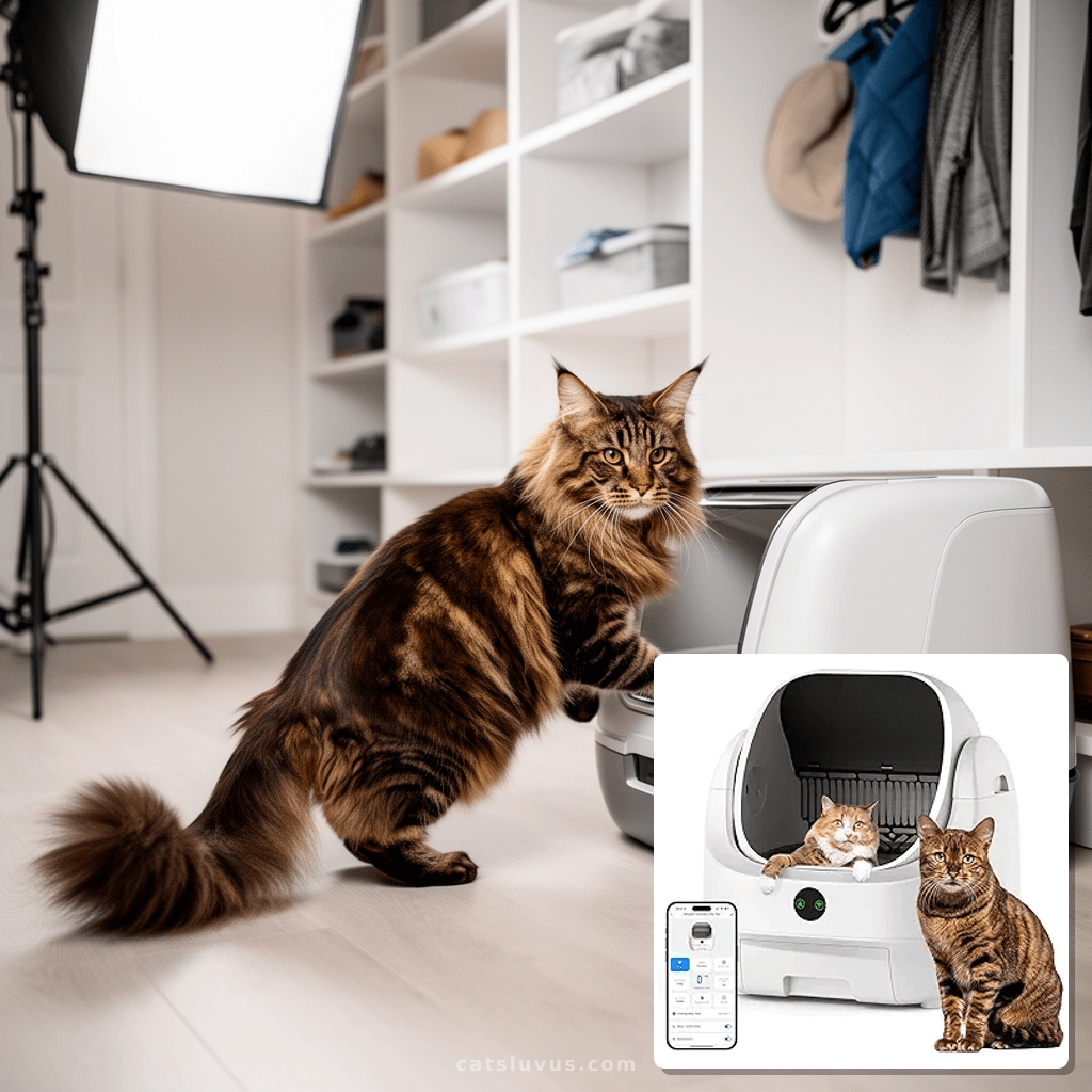 Open Top Automatic Litter Box with cat - professional product lifestyle photo