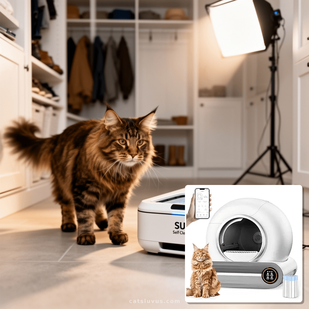 SUW Self Cleaning Litter Box with cat - professional product lifestyle photo
