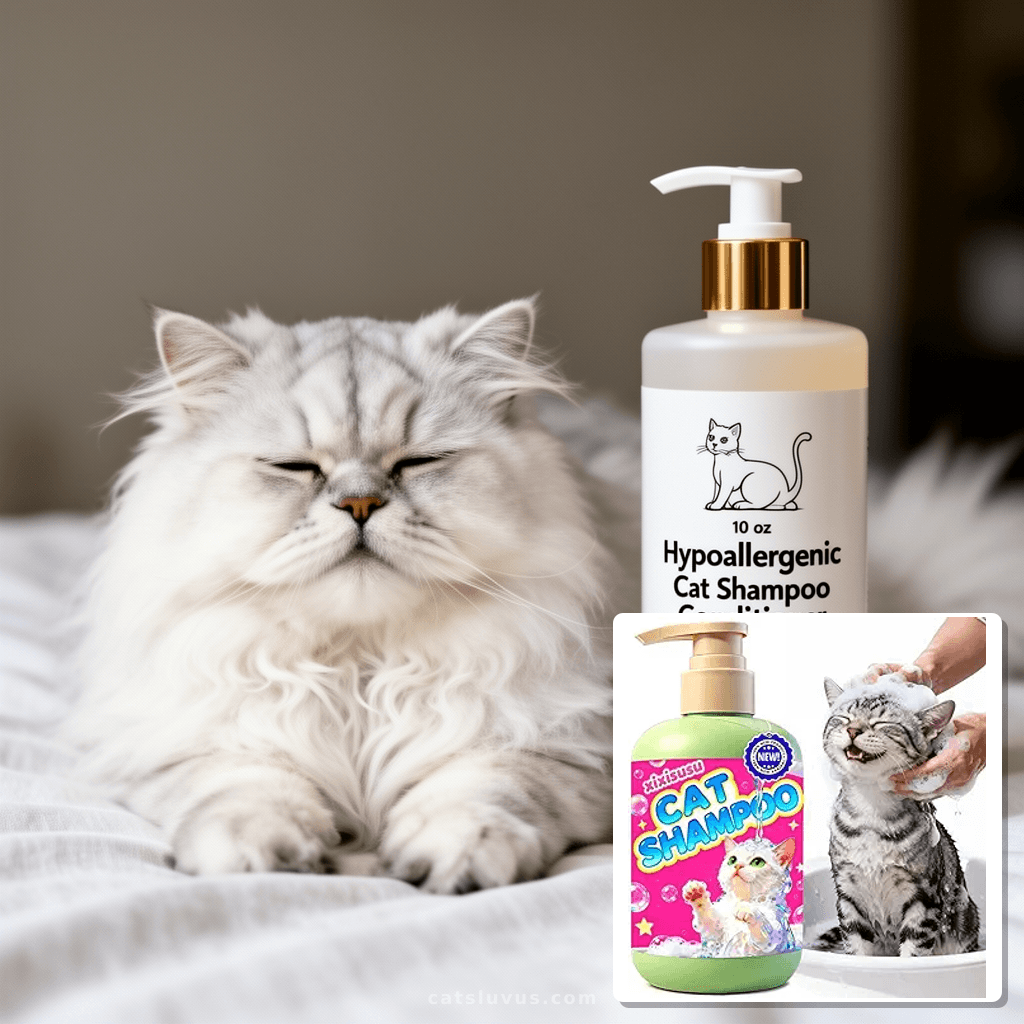 10 oz Hypoallergenic Cat Shampoo and Conditioner for Dandruf with cat - professional product lifestyle photo