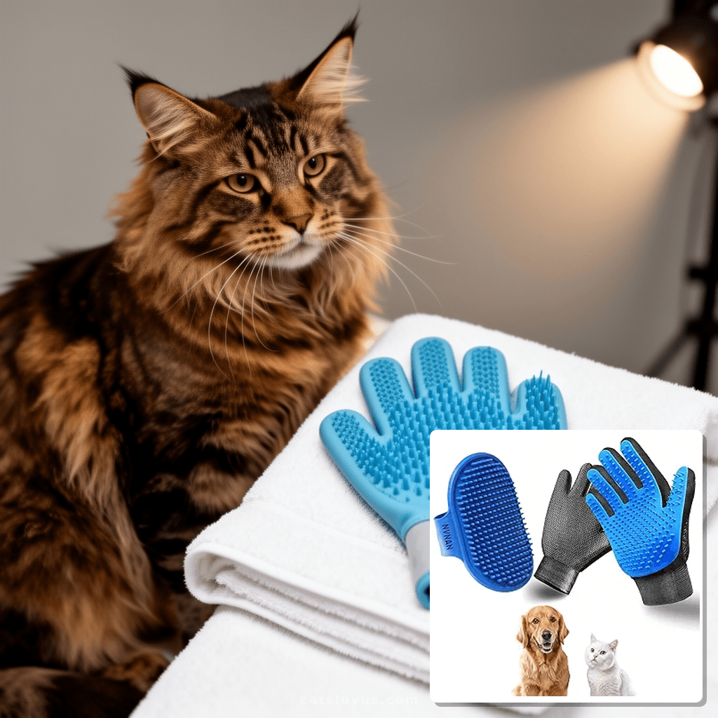 Cat & Dog Grooming Gloves - Dog Shampoo Brush & Deshedding B with cat - professional product lifestyle photo