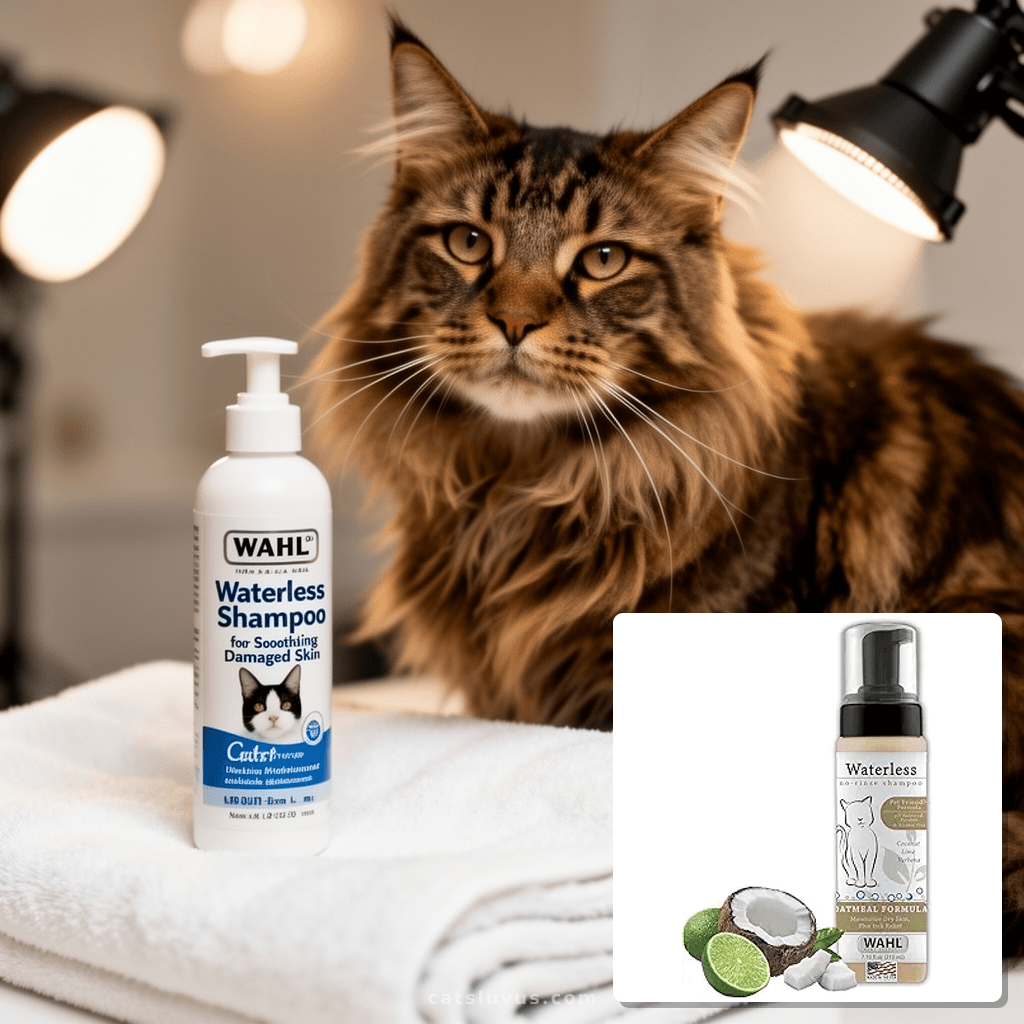 Wahl USA Cat Waterless Shampoo for Soothing Damaged Skin with cat - professional product lifestyle photo