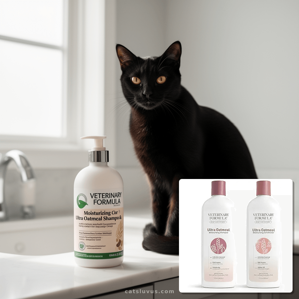 Veterinary Formula Moisturizing Ultra Oatmeal Shampoo & Cond with cat - professional product lifestyle photo