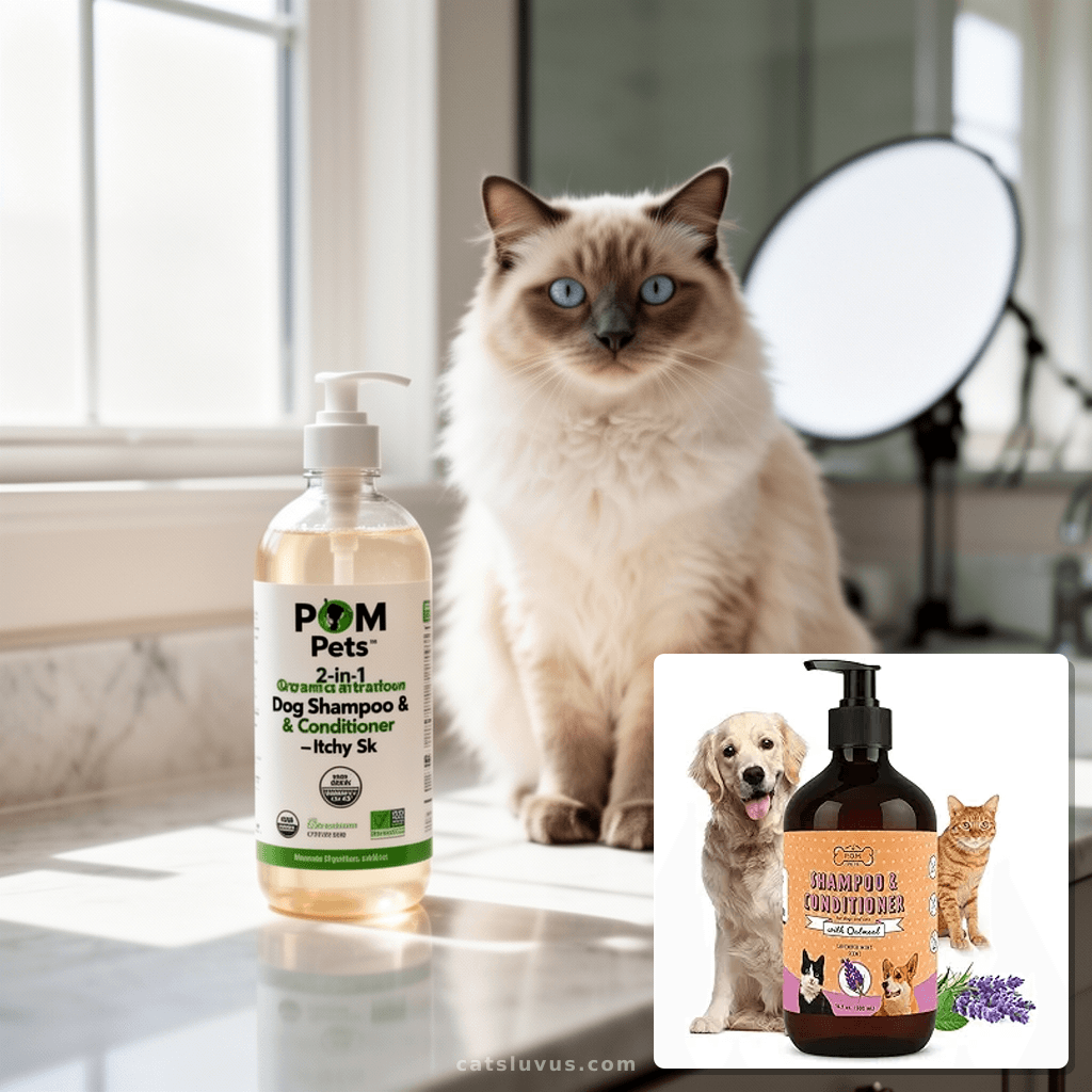 POM Pets 2-in-1 Organic Dog Shampoo & Conditioner – Itchy Sk with cat - professional product lifestyle photo