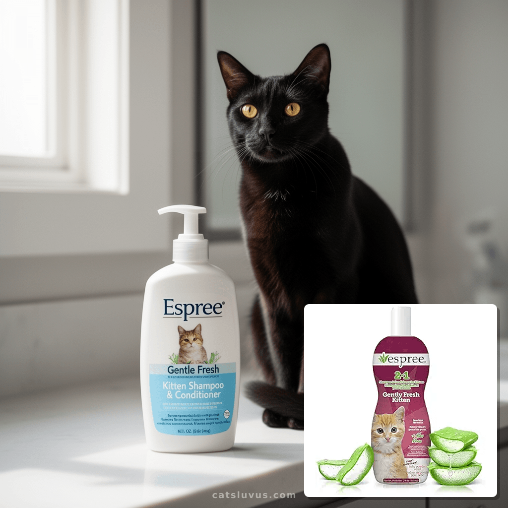 Espree Gentle Fresh Kitten Shampoo & Conditioner with cat - professional product lifestyle photo