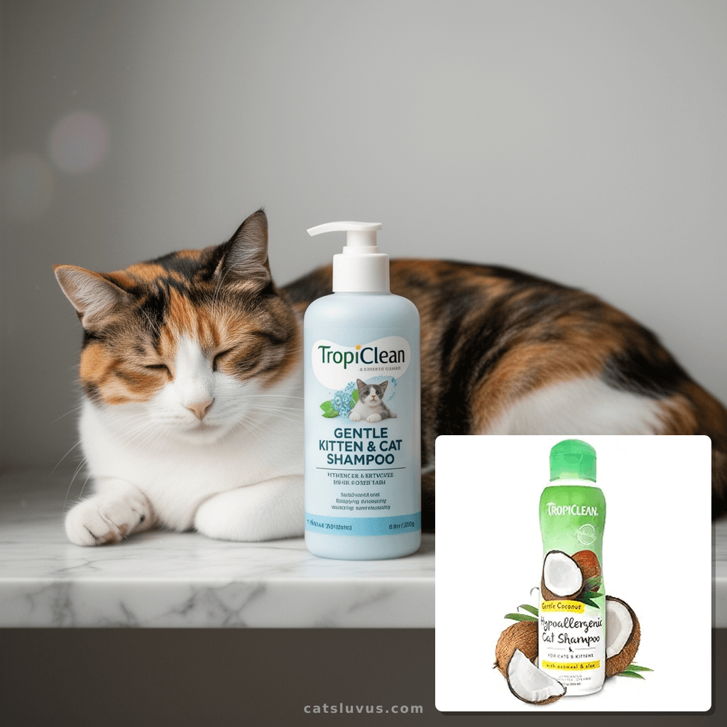 TropiClean Gentle Kitten & Cat Shampoo with cat - professional product lifestyle photo