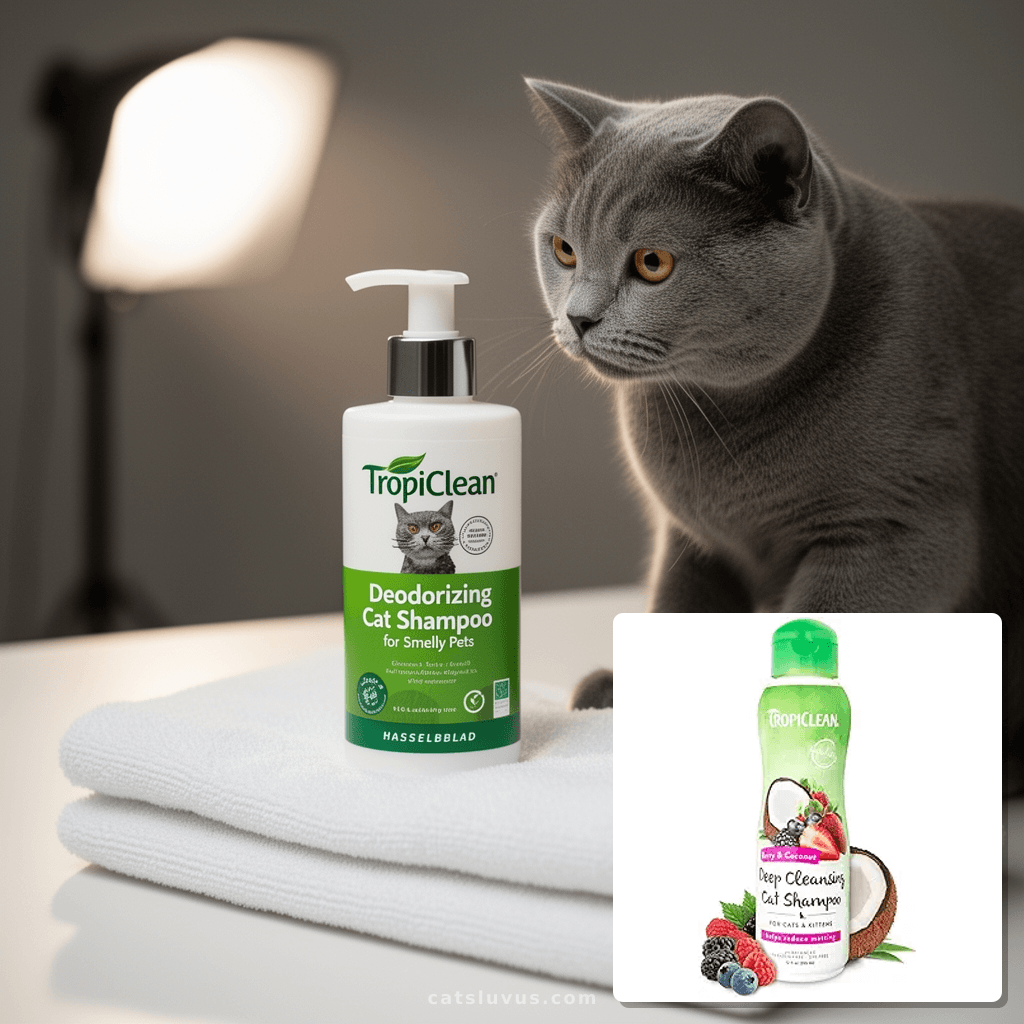TropiClean Deodorizing Cat Shampoo for Smelly Pets with cat - professional product lifestyle photo