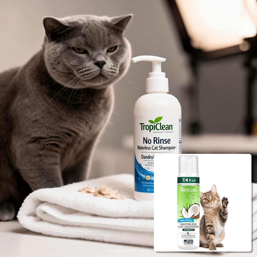 TropiClean No Rinse Waterless Cat Shampoo | Dandruff Treatme with cat - professional product lifestyle photo