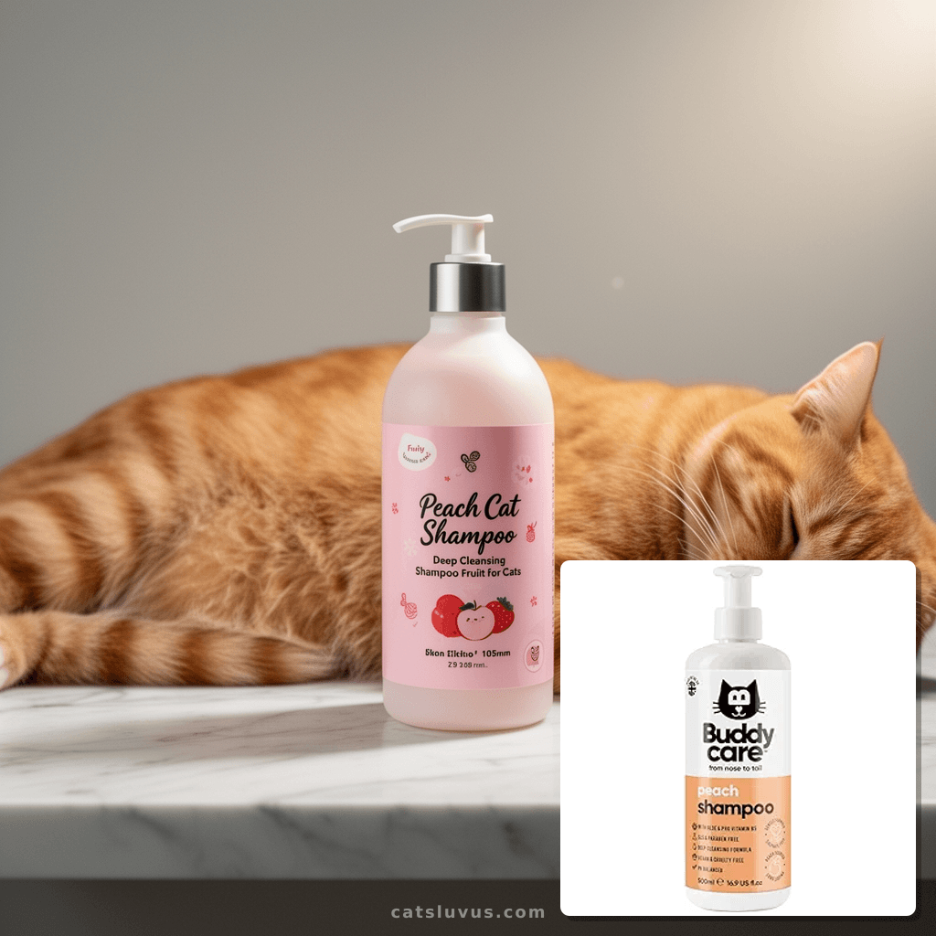 Peach Cat Shampoo - Deep Cleansing Shampoo for Cats - Fruity with cat - professional product lifestyle photo