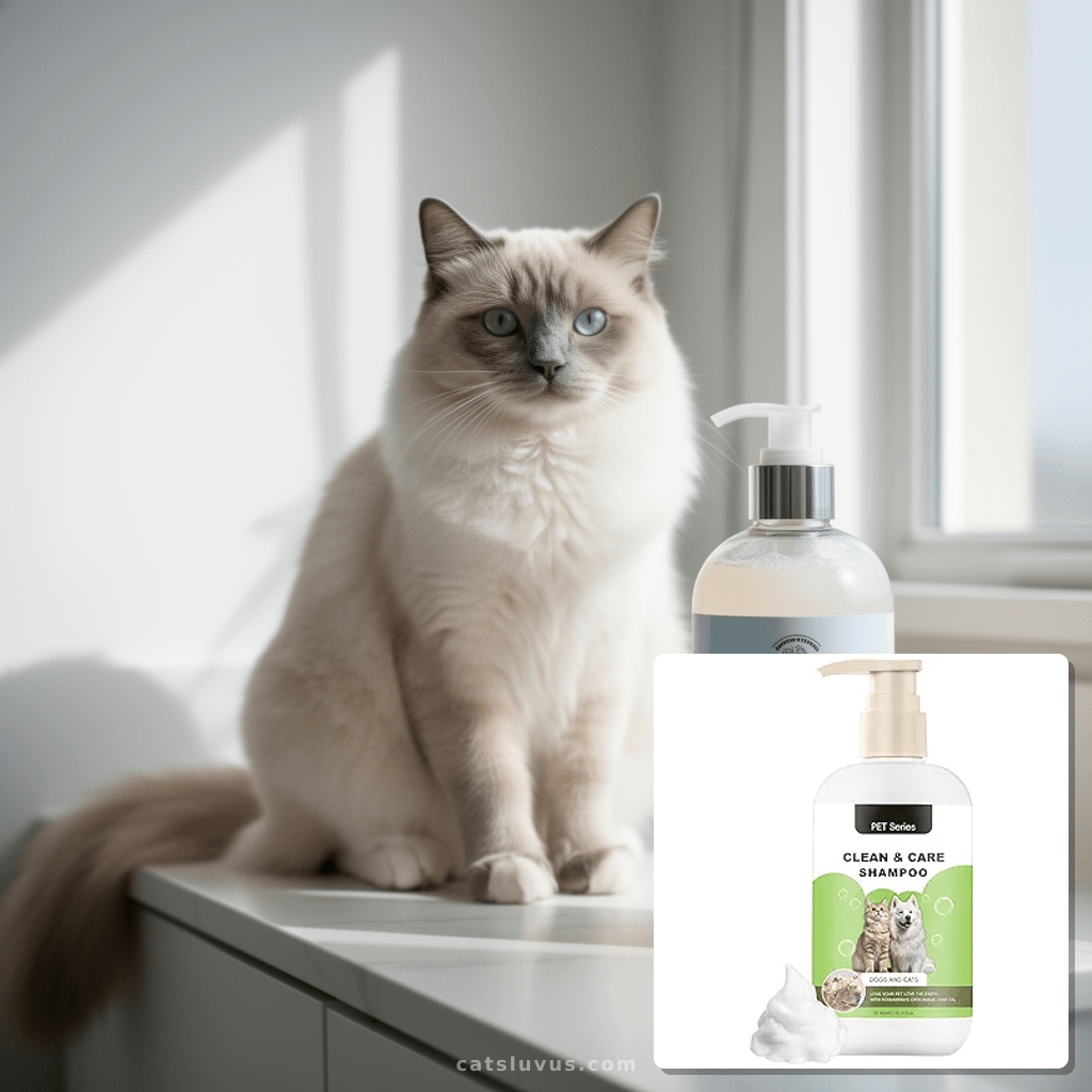 Pet Shampoo with cat - professional product lifestyle photo
