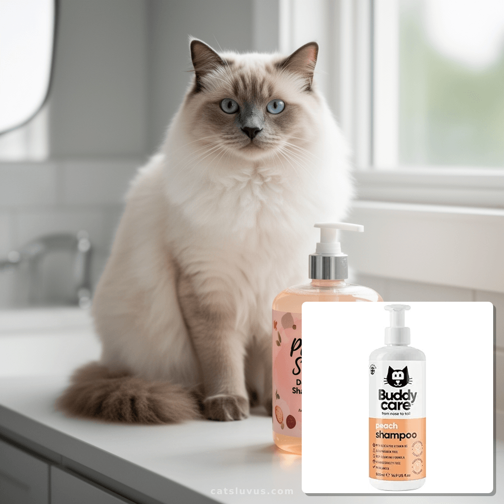 Peach Cat Shampoo - Deep Cleansing Shampoo for Cats - Fruity with cat - professional product lifestyle photo