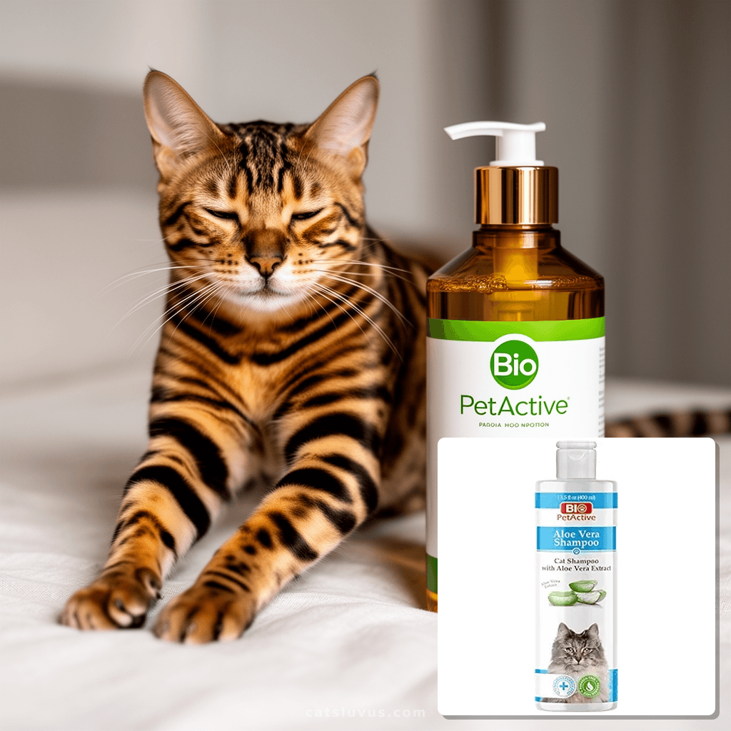 Bio PetActive Cat Shampoo with Natural Aloe Vera Extract | K with cat - professional product lifestyle photo
