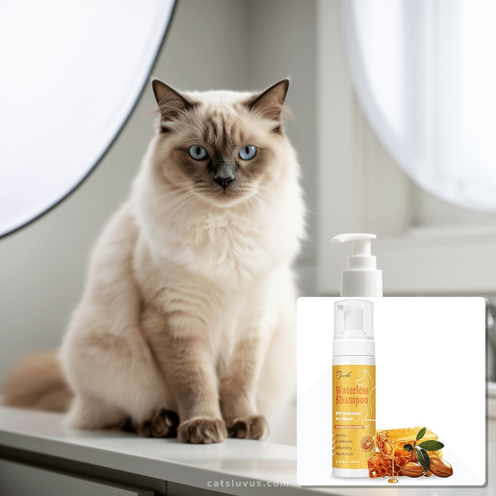 Waterless Shampoo for Cat & Dog with Honey & Shea Butter with cat - professional product lifestyle photo