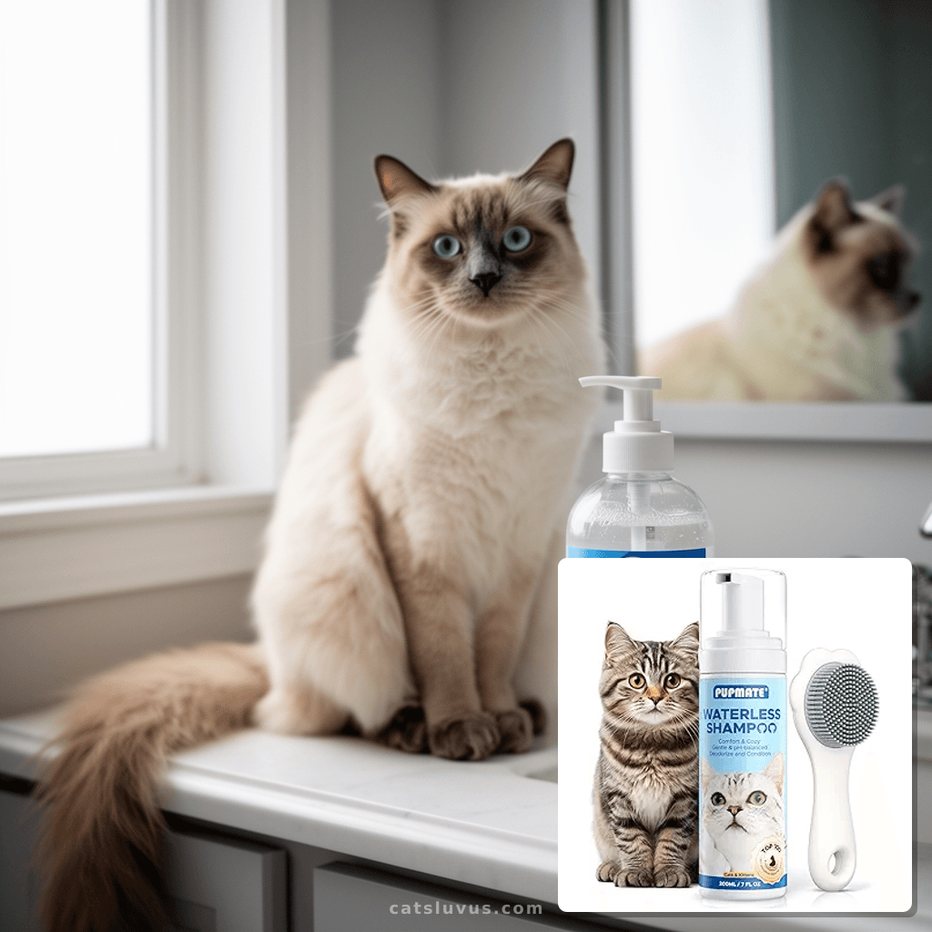 Cat Waterless Shampoo with Brush - No Rinse Formula for Quic with cat - professional product lifestyle photo