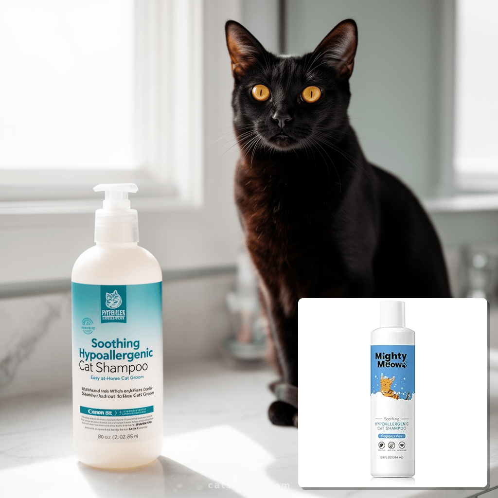 Soothing Hypoallergenic Cat Shampoo – Easy at-Home Cat Groom with cat - professional product lifestyle photo