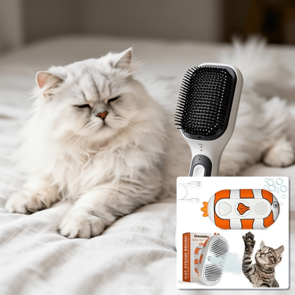 Cat Steam Brush for Shedding – 3-in-1 Grooming Tool with Mis with cat - professional product lifestyle photo