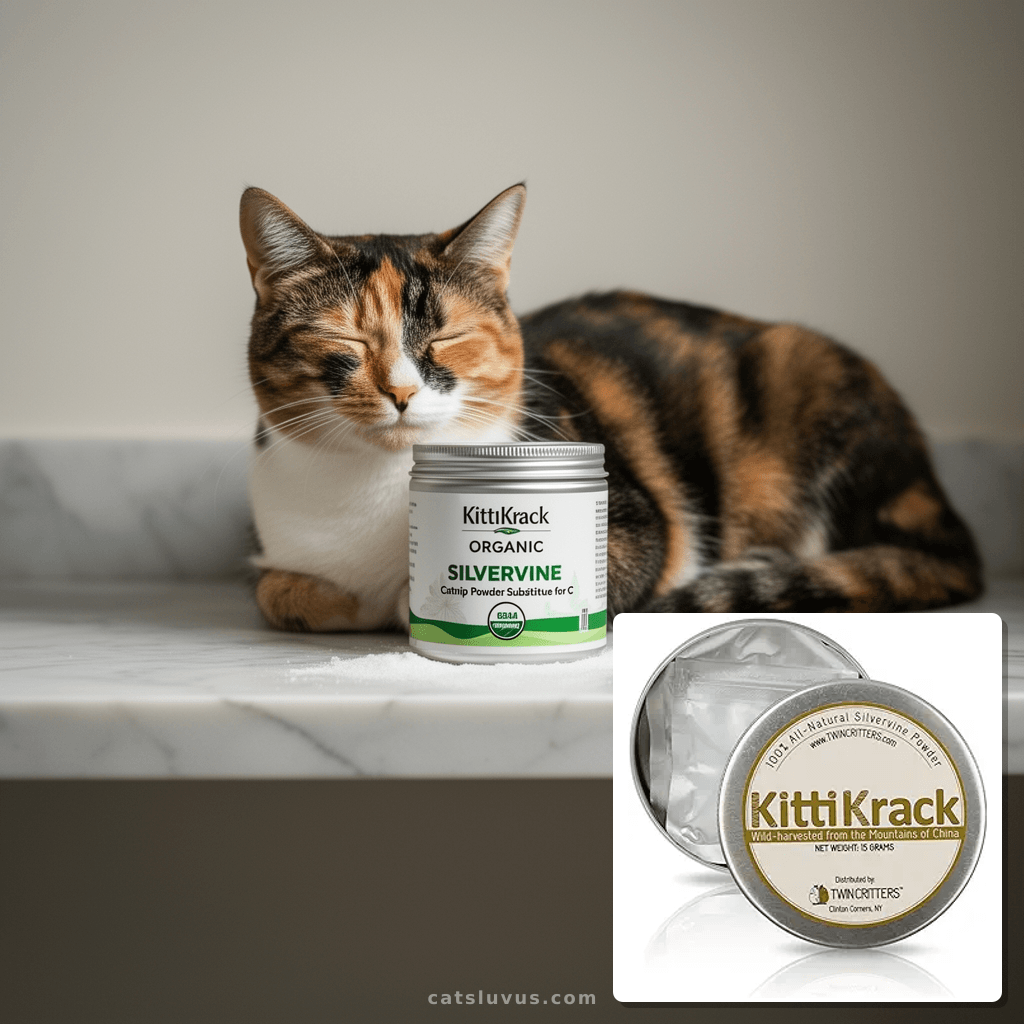 KittiKrack Organic Silvervine Catnip Powder Substitute for C with cat - professional product lifestyle photo