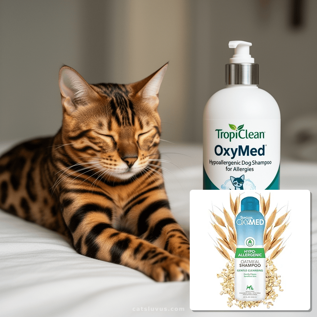TropiClean OxyMed Hypoallergenic Dog Shampoo for Allergies a with cat - professional product lifestyle photo