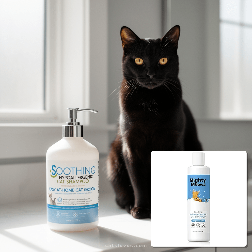 Soothing Hypoallergenic Cat Shampoo – Easy at-Home Cat Groom with cat - professional product lifestyle photo