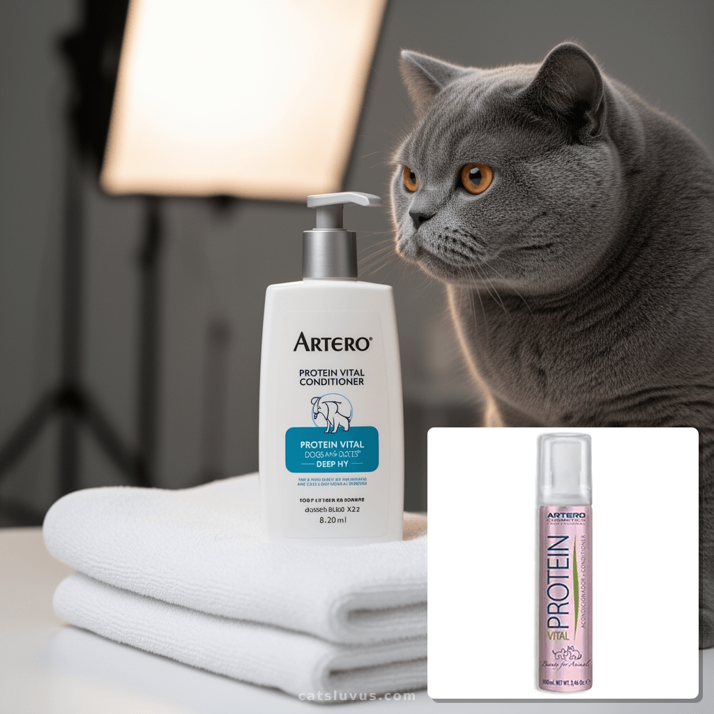Artero Protein Vital Conditioner for Dogs and Cats – Deep Hy with cat - professional product lifestyle photo