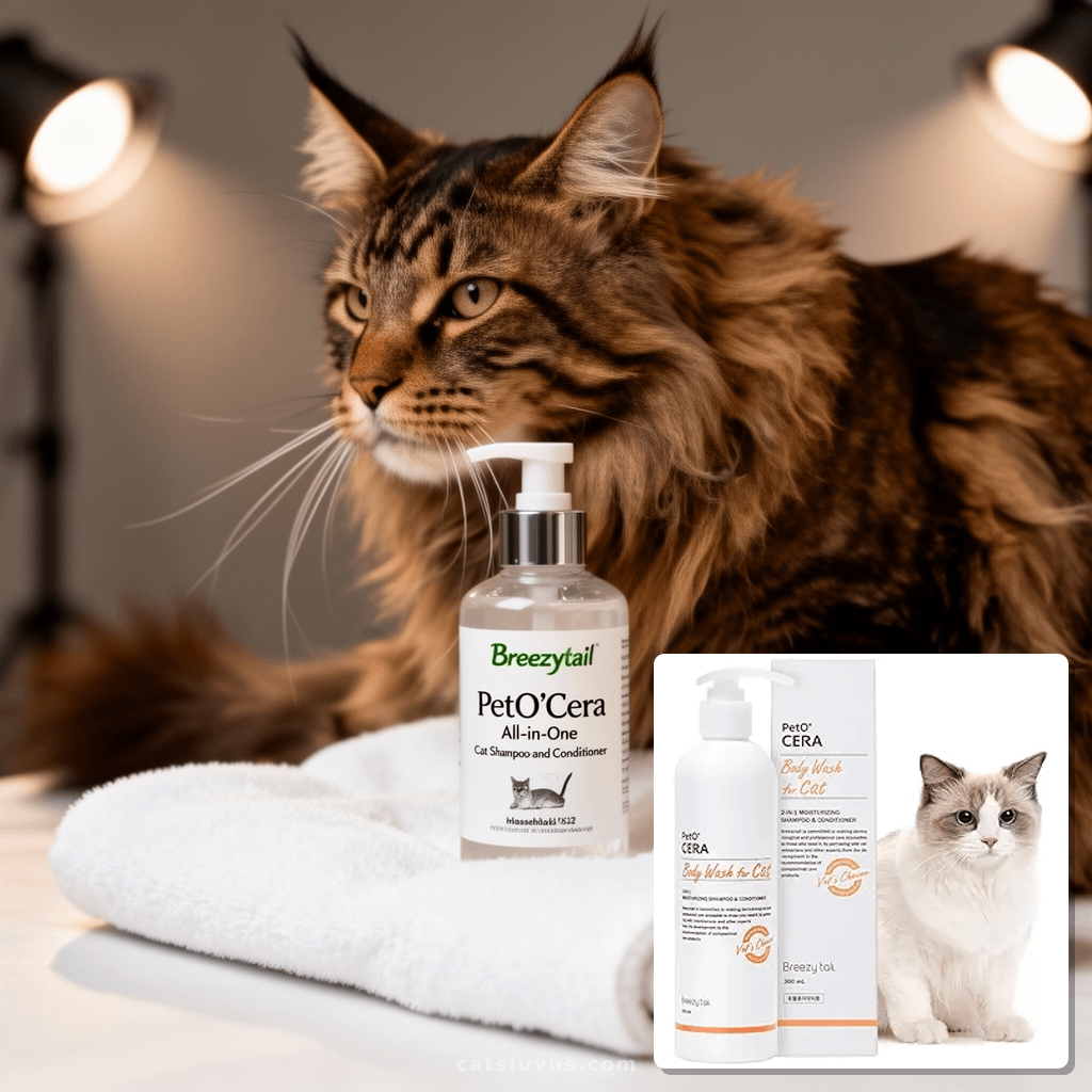 Breezytail PetO’Cera All-in-One Cat Shampoo and Conditioner  with cat - professional product lifestyle photo