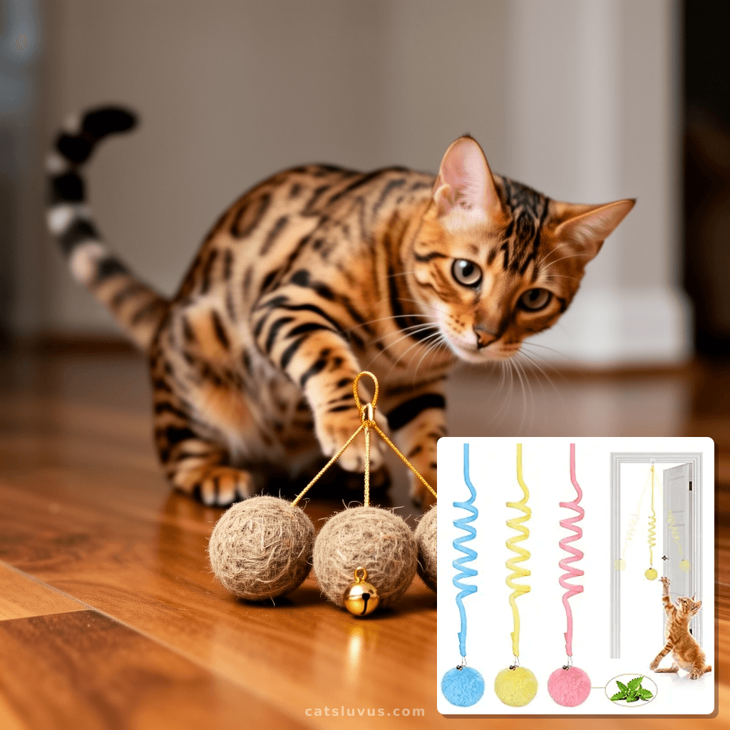 Potaroma Hanging Fluffy Cat Catnip Ball Toys 3 Pcs with Bell with cat - professional product lifestyle photo