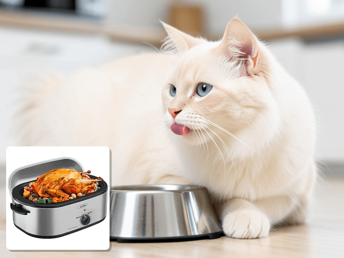 Cat owner reviewing slow cooker turkey cat food recipes options for their pet in 2026