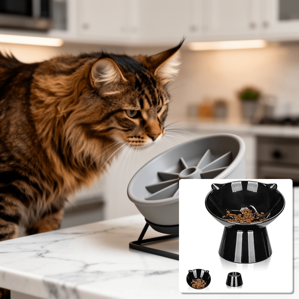 Detachable Slow Feeder Cat Bowl- Elevated Cats Feeder Tilted with cat - professional product lifestyle photo