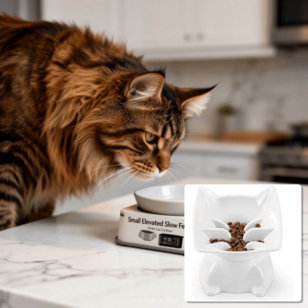 Small Elevated Slow Feeder Cat Bowl with cat - professional product lifestyle photo