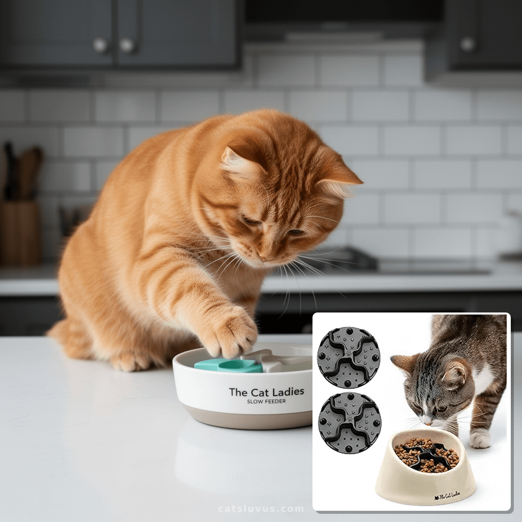 The Cat Ladies Slow Feeder - Healthy Feeding Bowl with Two with cat - professional product lifestyle photo