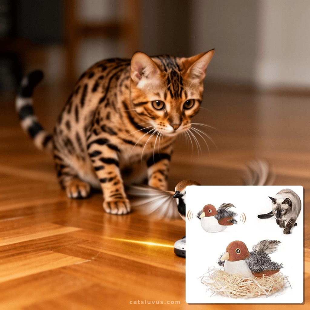 Potaroma Cat Toys Rechargeable Flapping Bird Sparrow with cat - professional product lifestyle photo