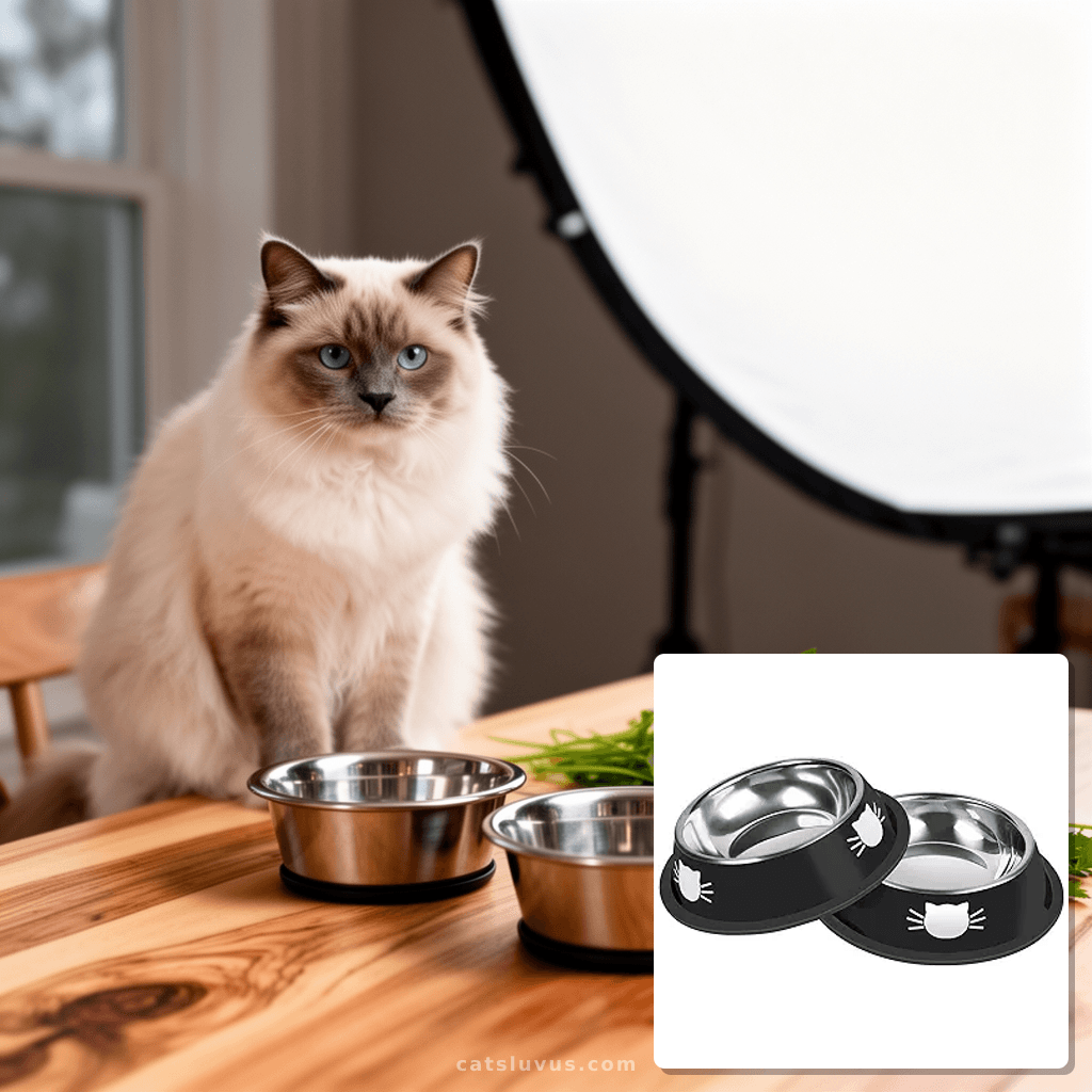 2 Pcs Non-Slip Stainless Steel Small Cat Food Bowls - with cat - professional product lifestyle photo