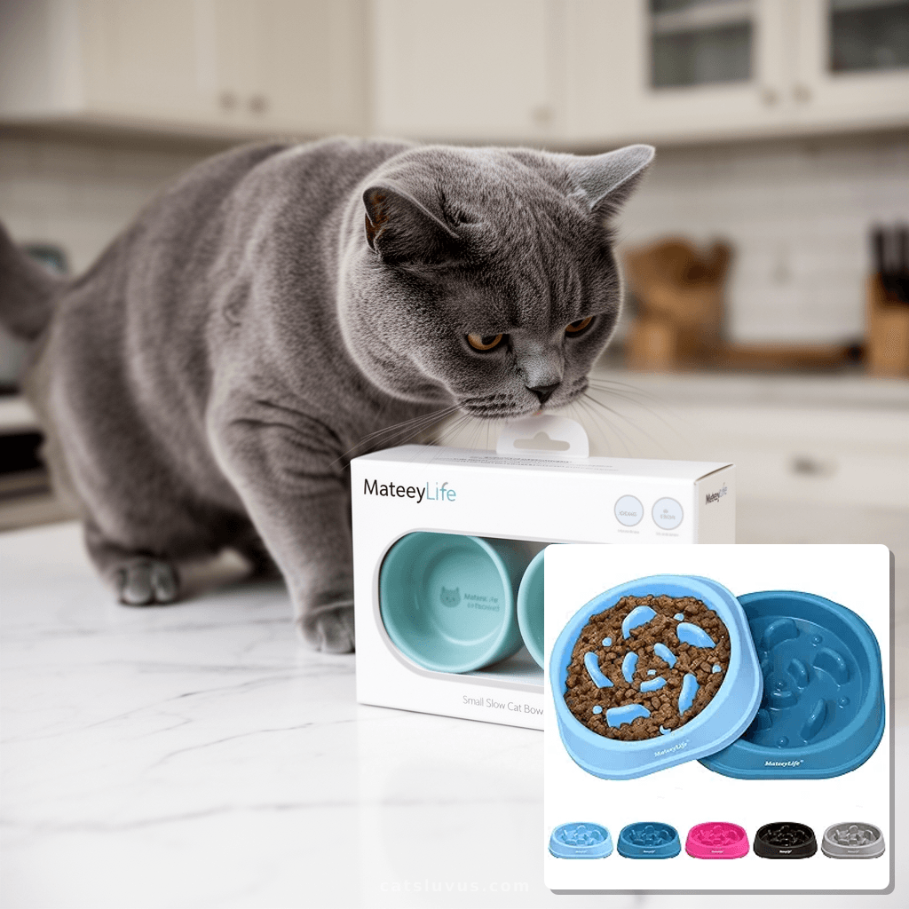 MateeyLife Small Slow Feeder Cat Bowls 2PCS with cat - professional product lifestyle photo