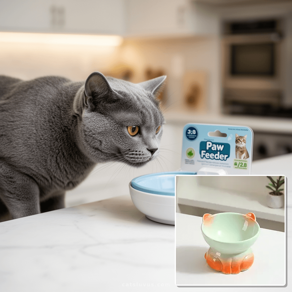 Paw Feeder Cat Bowl with cat - professional product lifestyle photo