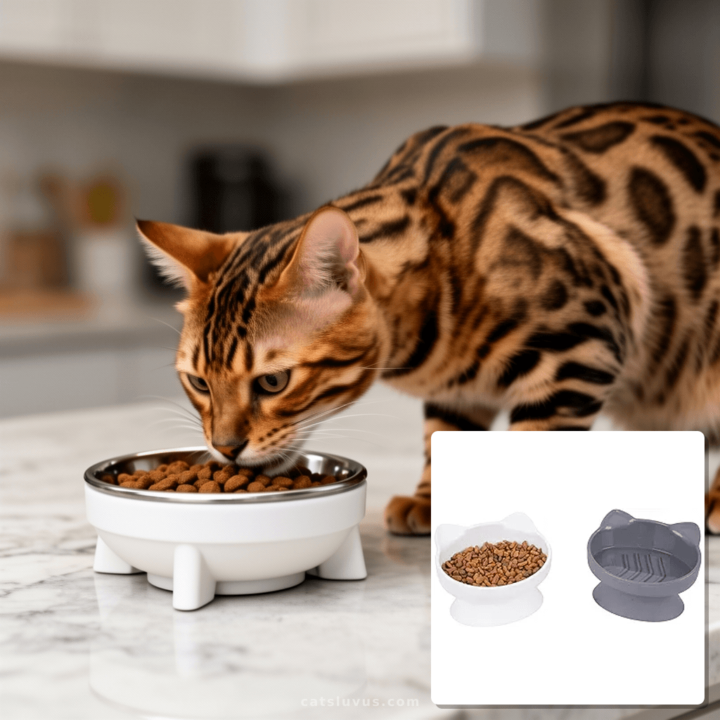 Kitty City Elevated Slow Feeder Cat Bowls with cat - professional product lifestyle photo