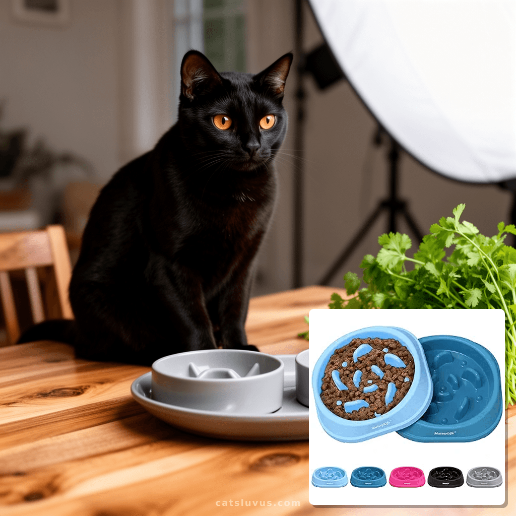 MateeyLife Small Slow Feeder Cat Bowls 2PCS with cat - professional product lifestyle photo