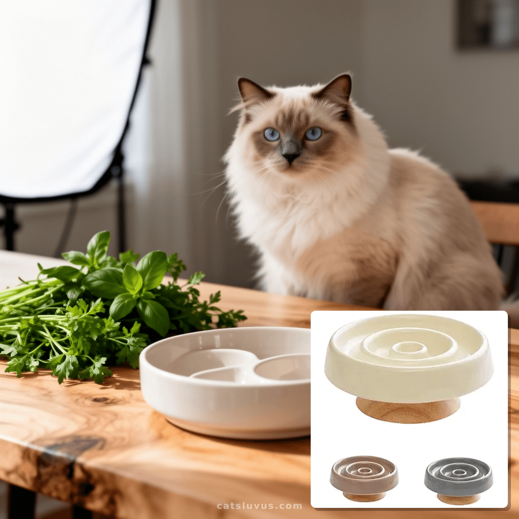 Ceramic Cat Slow Feeder with cat - professional product lifestyle photo