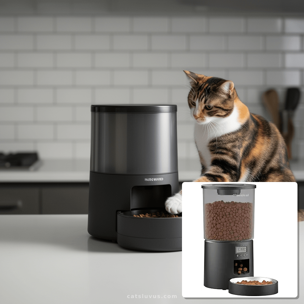 Automated Cat Feeder with cat - professional product lifestyle photo