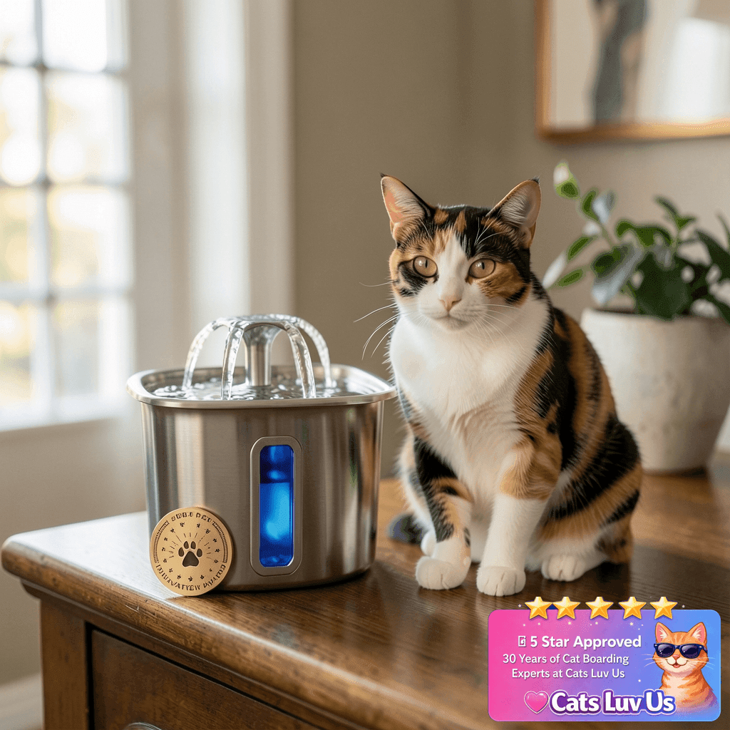 Veken Innovation Award Winner Stainless Steel Cat Water with cat - professional product lifestyle photo