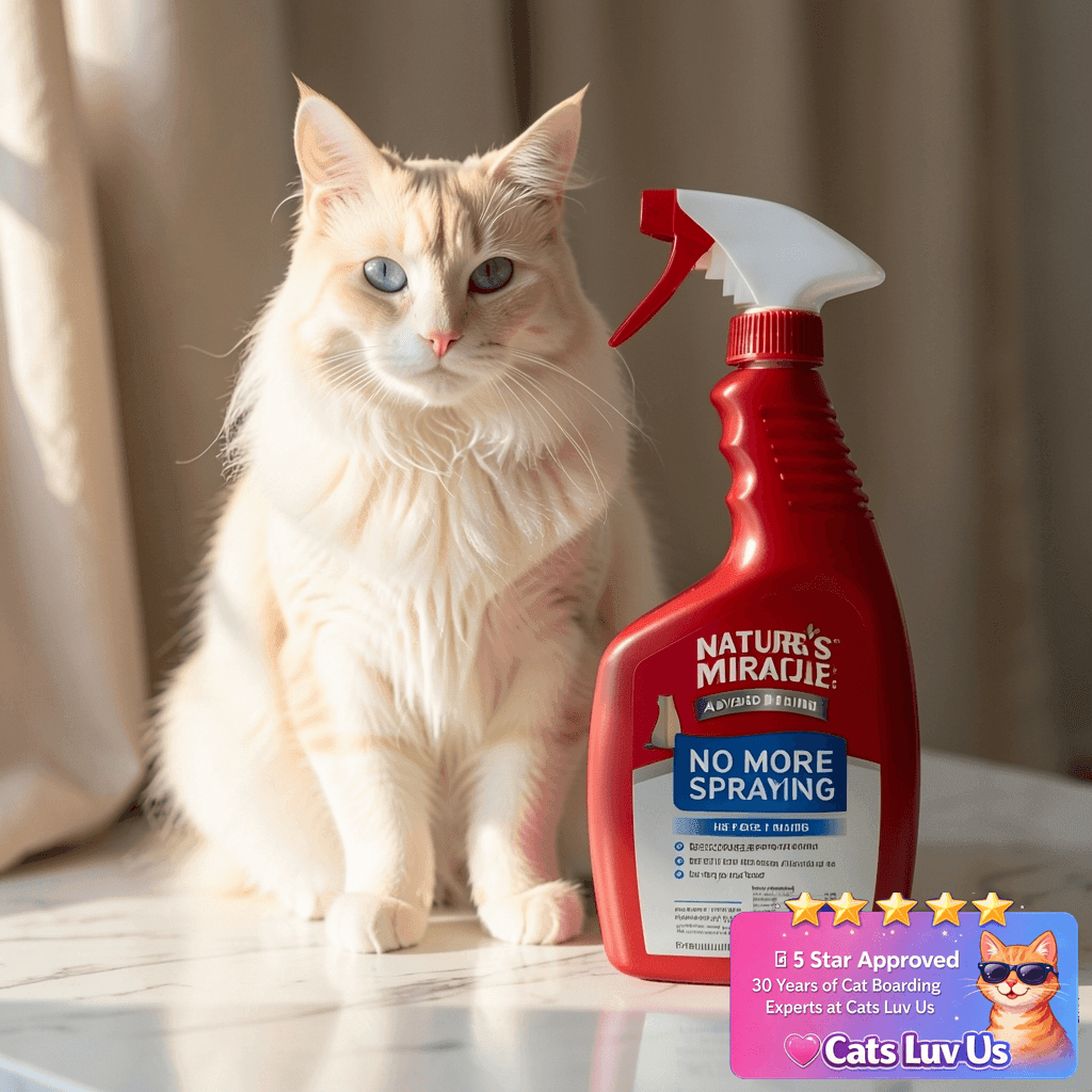 Nature's Miracle Advanced Platinum No More Spraying with cat - professional product lifestyle photo